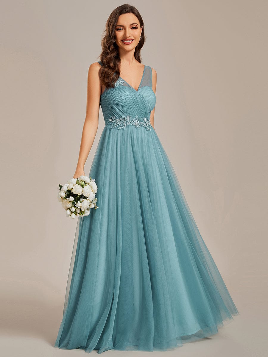 Enchanting Flower-Adorned Tulle Bridesmaid Gown with Sheer Shoulder Straps