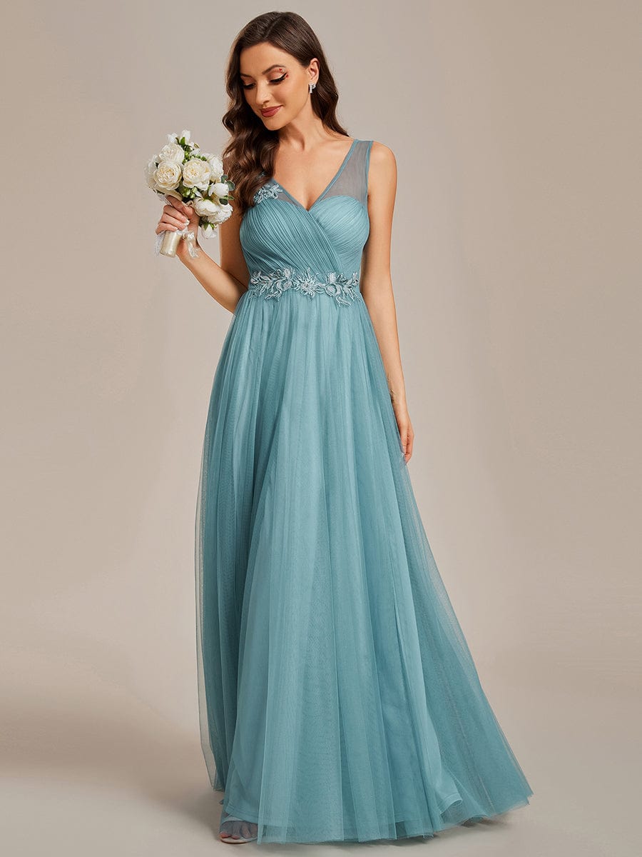 Enchanting Flower-Adorned Tulle Bridesmaid Gown with Sheer Shoulder Straps