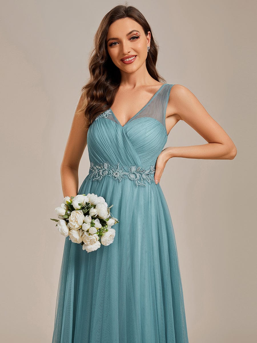 Enchanting Flower-Adorned Tulle Bridesmaid Gown with Sheer Shoulder Straps