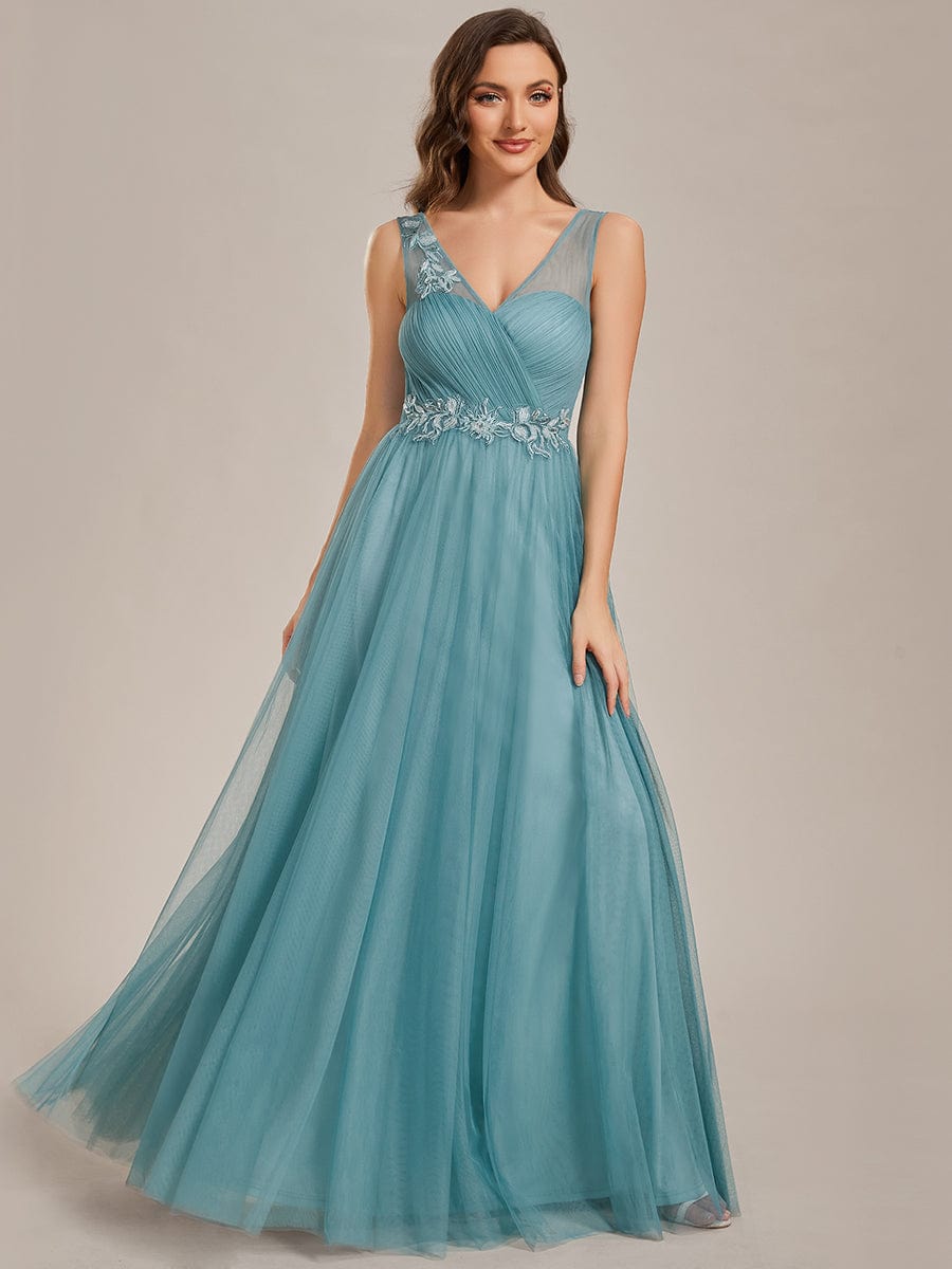 Enchanting Flower-Adorned Tulle Bridesmaid Gown with Sheer Shoulder Straps