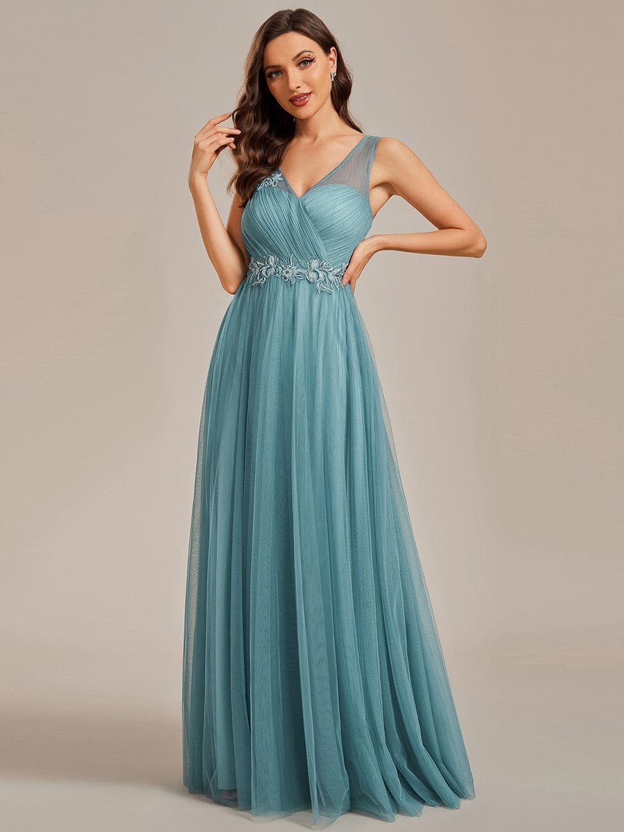 Enchanting Flower-Adorned Tulle Bridesmaid Gown with Sheer Shoulder Straps