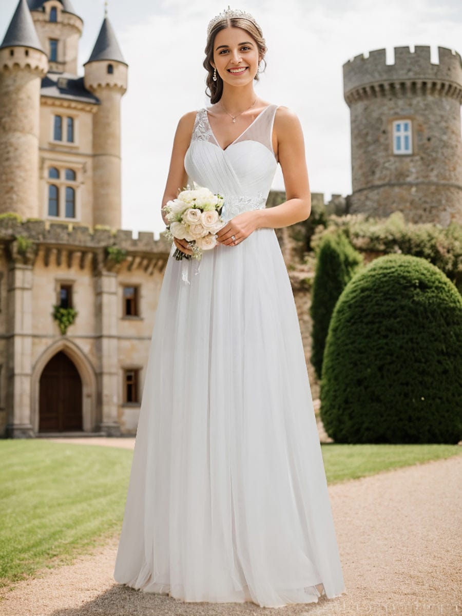 Enchanting Flower-Adorned Tulle Bridesmaid Gown with Sheer Shoulder Straps