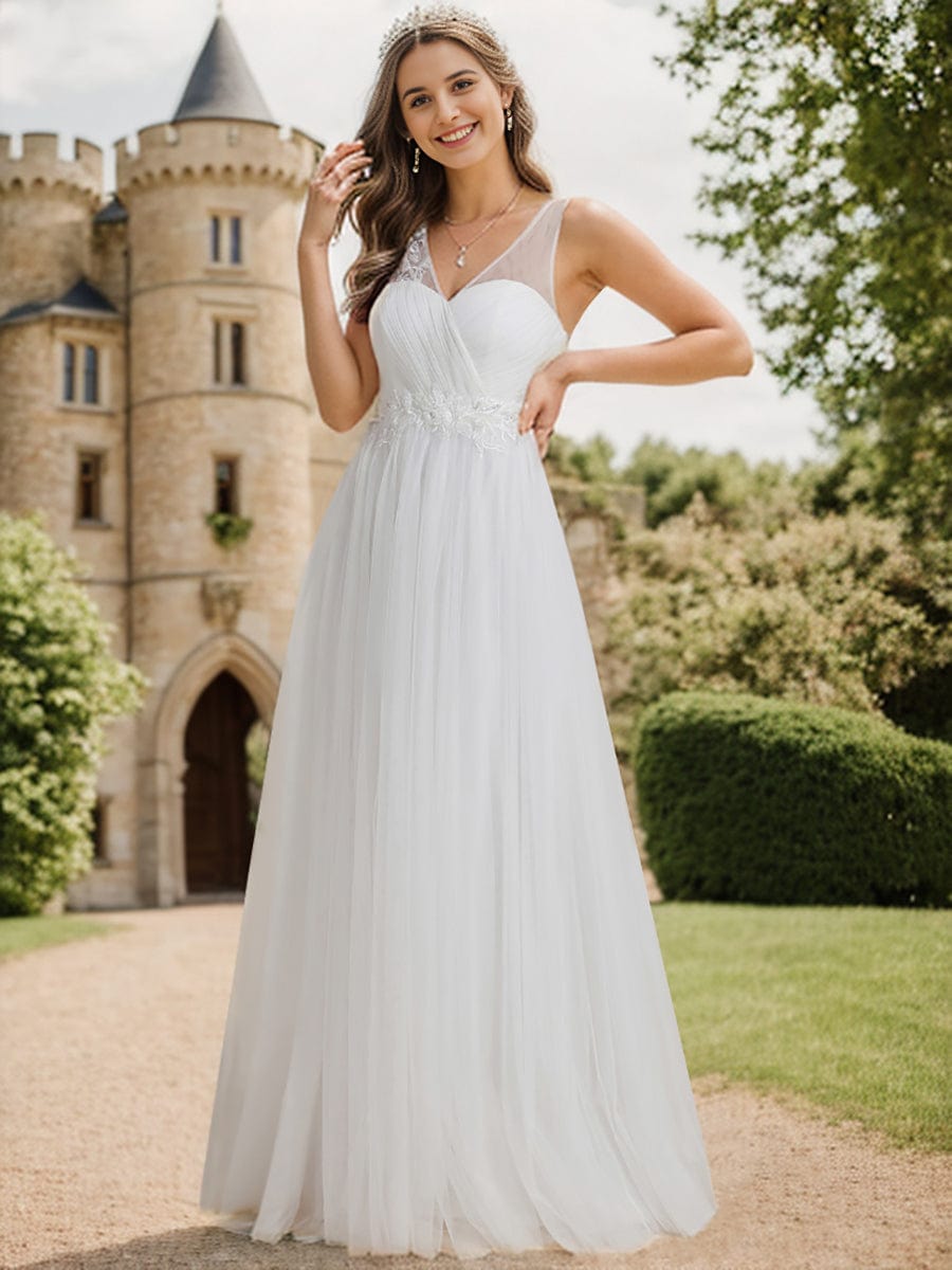 Enchanting Flower-Adorned Tulle Bridesmaid Gown with Sheer Shoulder Straps