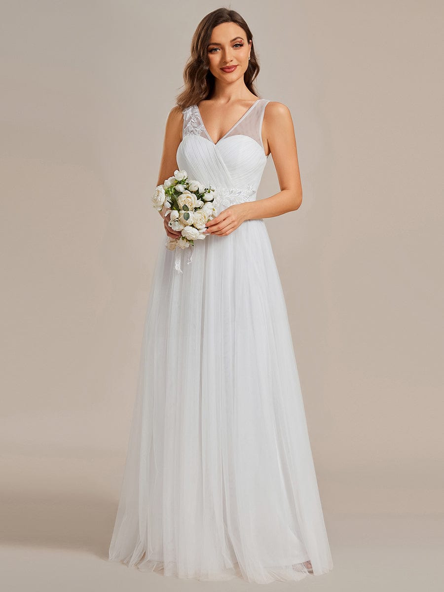 Enchanting Flower-Adorned Tulle Bridesmaid Gown with Sheer Shoulder Straps